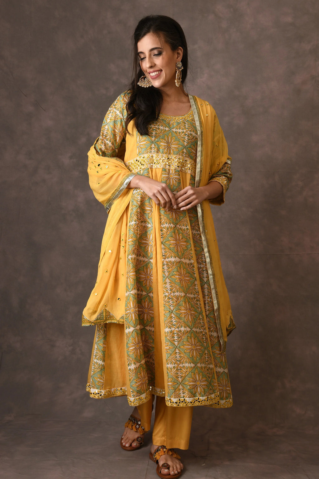 Yellow Temple Flower Handblock Printed Anarkali Set With Mirror Embroidery