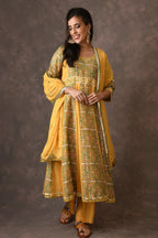 Yellow Temple Flower Handblock Printed Anarkali Set With Mirror Embroidery