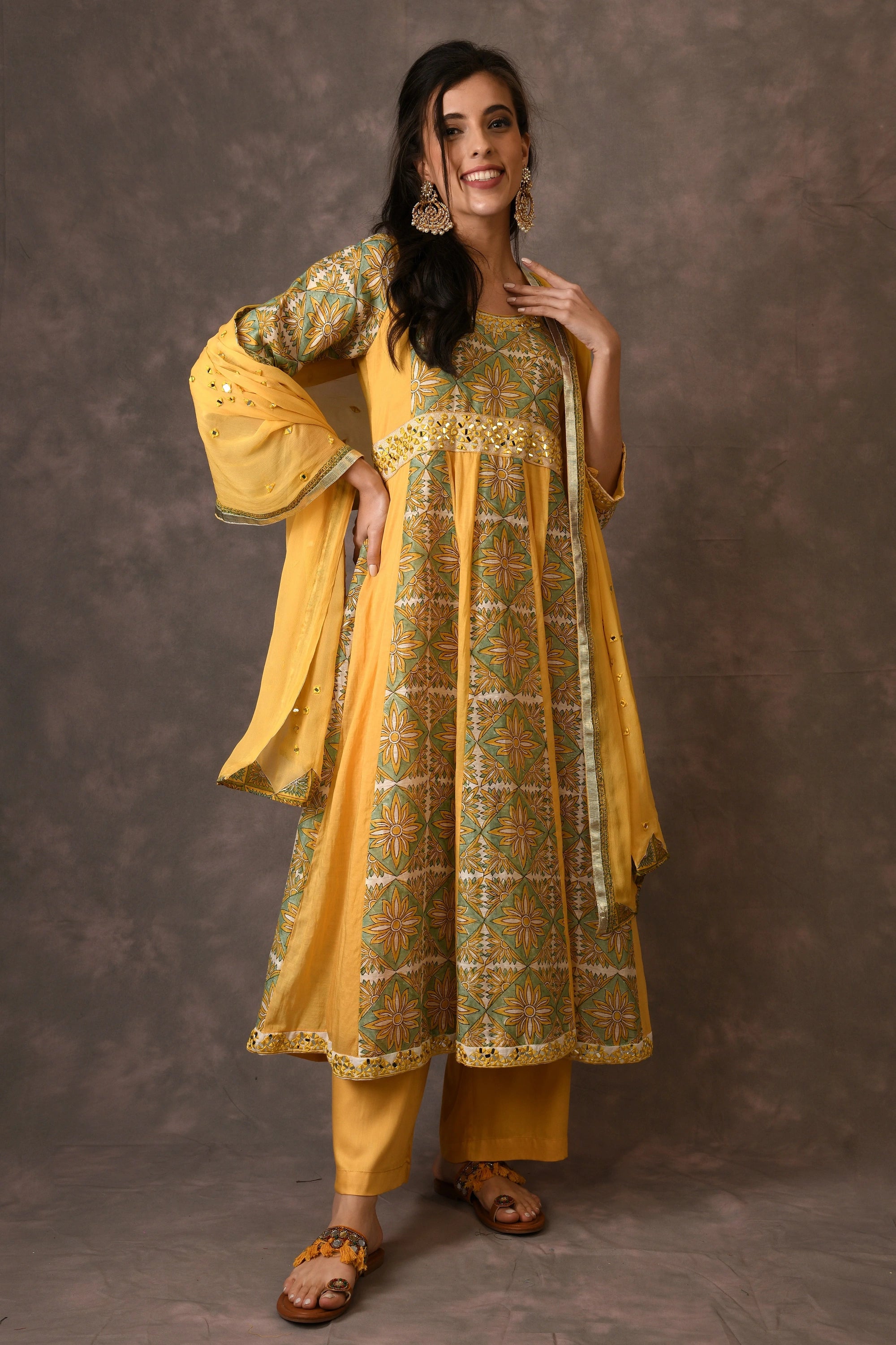 Yellow Temple Flower Handblock Printed Anarkali Set With Mirror Embroidery
