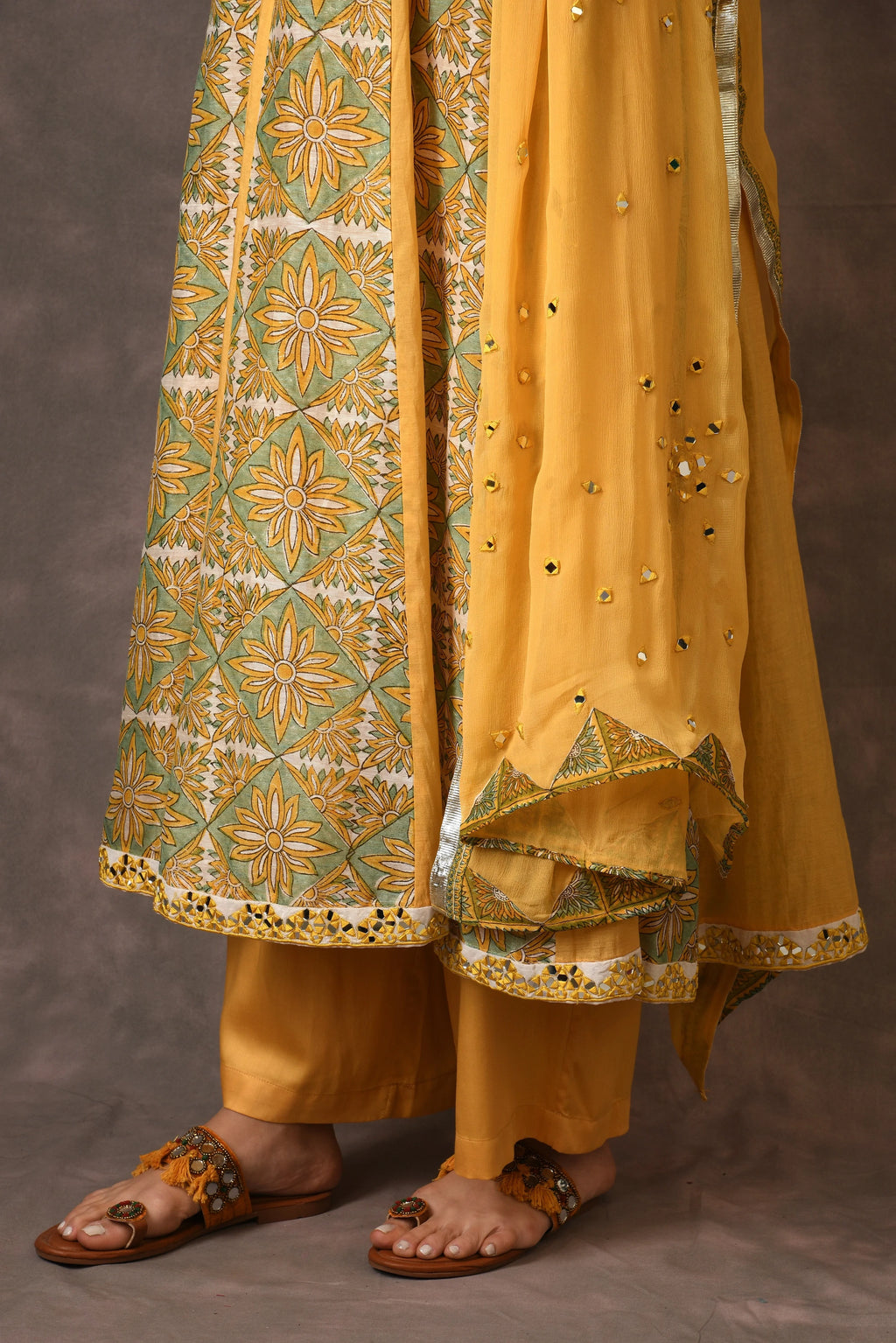 Yellow Temple Flower Handblock Printed Anarkali Set With Mirror Embroidery