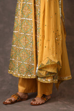 Yellow Temple Flower Handblock Printed Anarkali Set With Mirror Embroidery