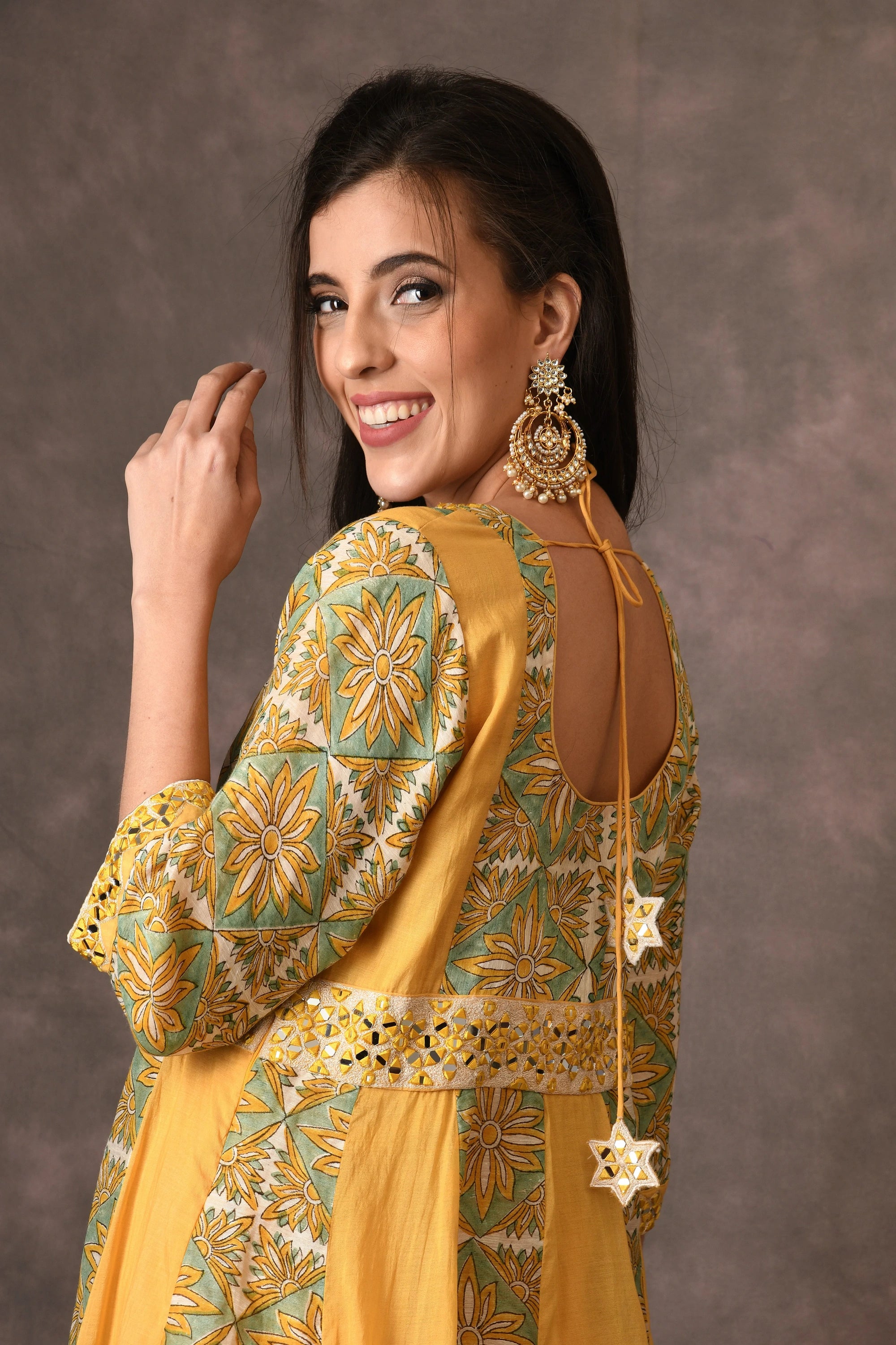Yellow Temple Flower Handblock Printed Anarkali Set With Mirror Embroidery
