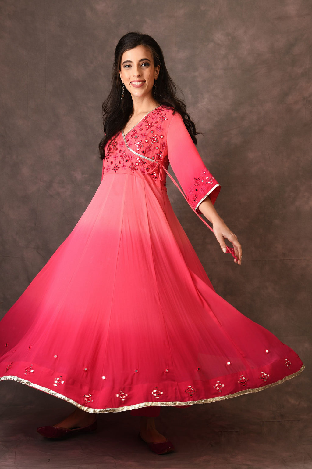 Coral Pink Ambre Mirror Embroidered Anarkali Set