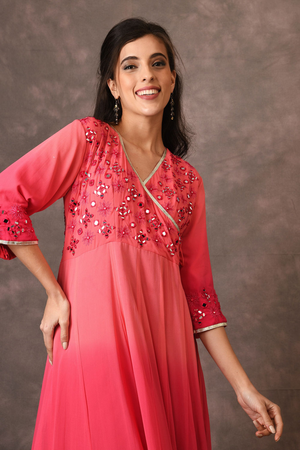 Coral Pink Ambre Mirror Embroidered Anarkali Set