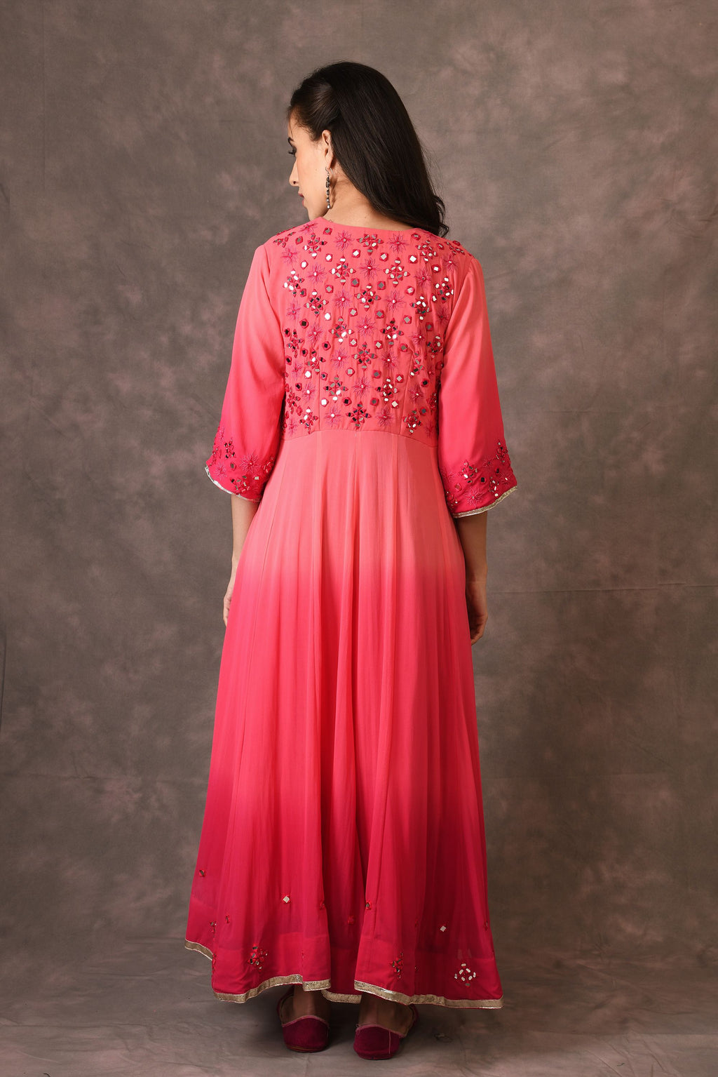 Coral Pink Ambre Mirror Embroidered Anarkali Set