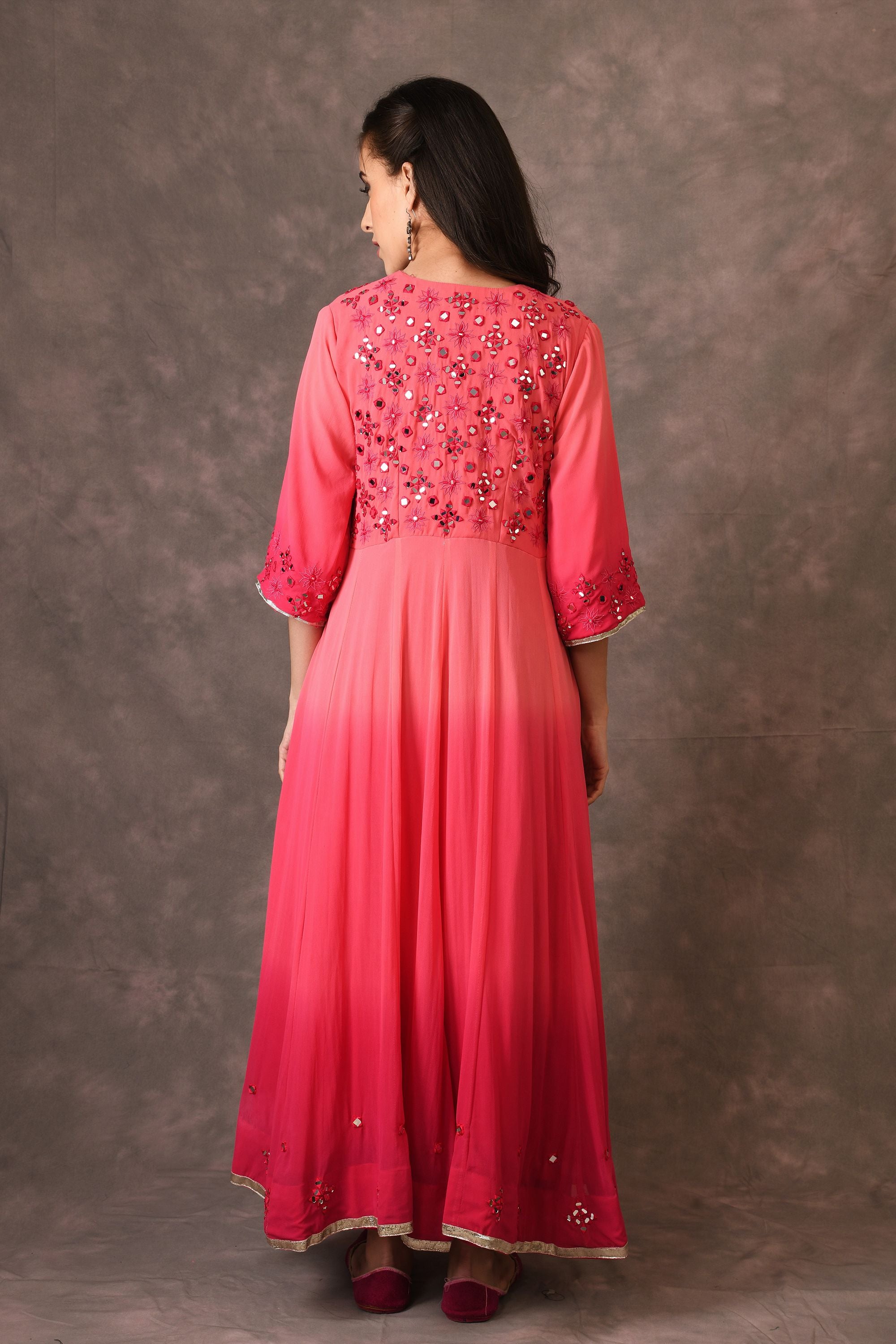 Coral Pink Ambre Mirror Embroidered Anarkali Set