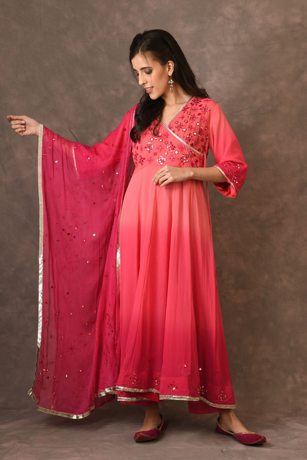 Coral Pink Ambre Mirror Embroidered Anarkali Set