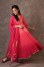 Coral Pink Ambre Mirror Embroidered Anarkali Set