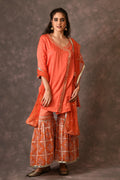 Orange Flame Angarkha And Sharara Set With Mirror Embroidery And Handblock Printed Temple Flower Moti