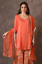 Orange Flame Angarkha And Sharara Set With Mirror Embroidery And Handblock Printed Temple Flower Moti