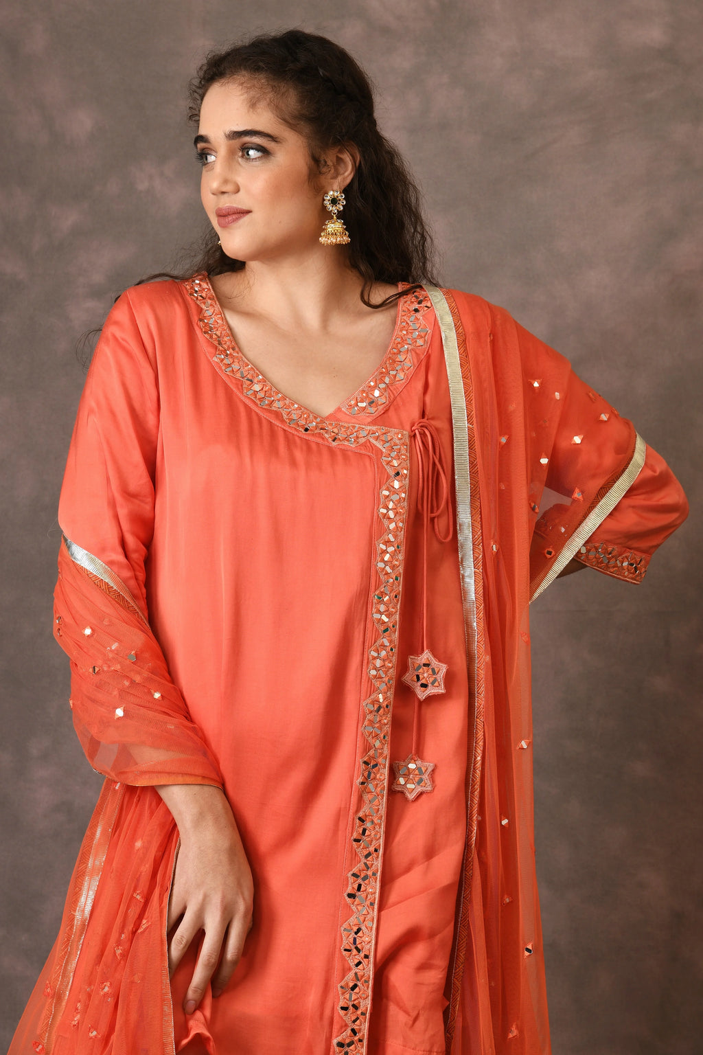 Orange Flame Angarkha And Sharara Set With Mirror Embroidery And Handblock Printed Temple Flower Moti