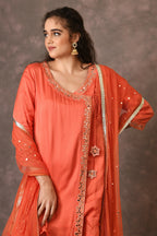 Orange Flame Angarkha And Sharara Set With Mirror Embroidery And Handblock Printed Temple Flower Moti