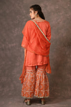 Orange Flame Angarkha And Sharara Set With Mirror Embroidery And Handblock Printed Temple Flower Moti