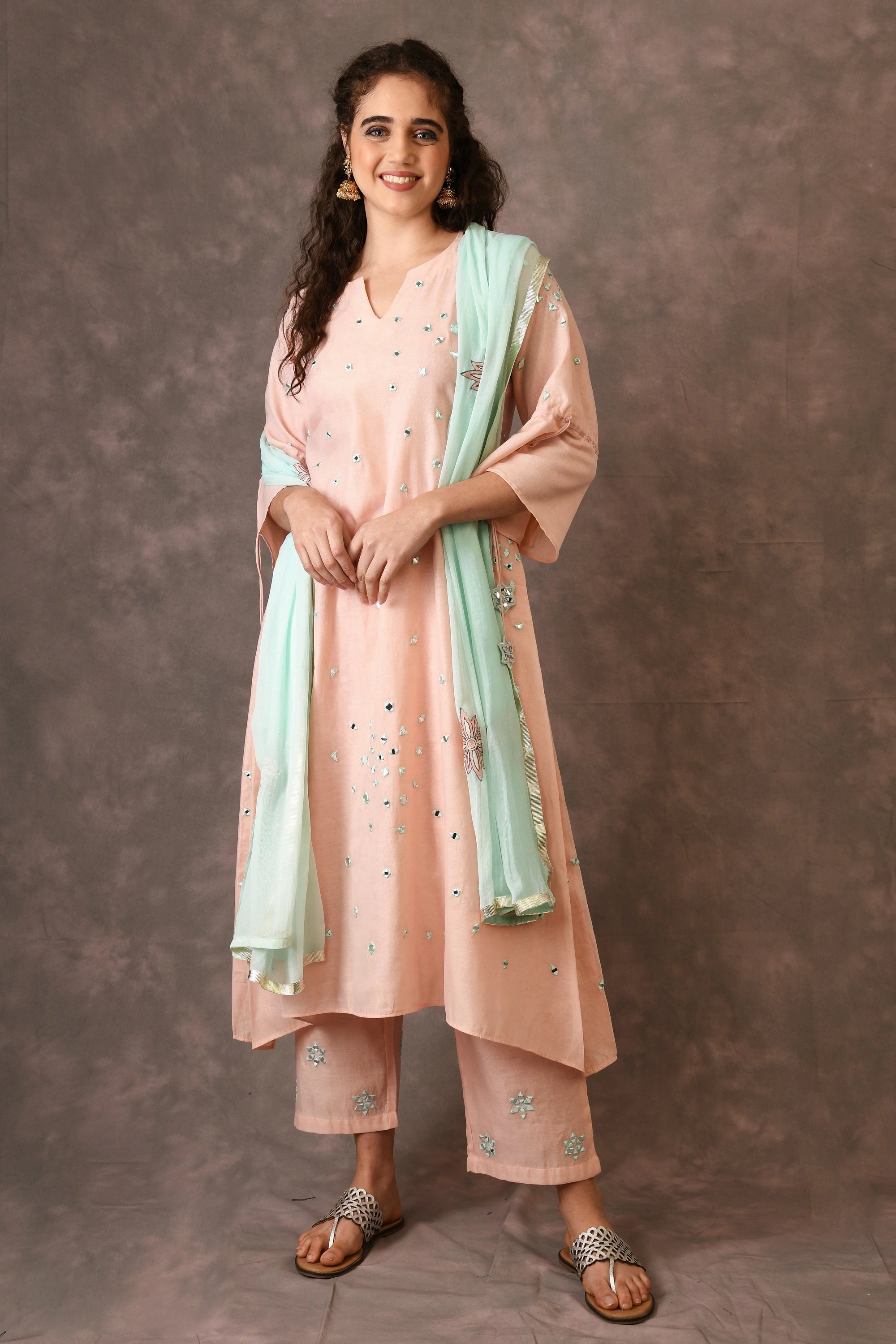 Rose Pink Scattered Mirror Embroidered Kurta Set