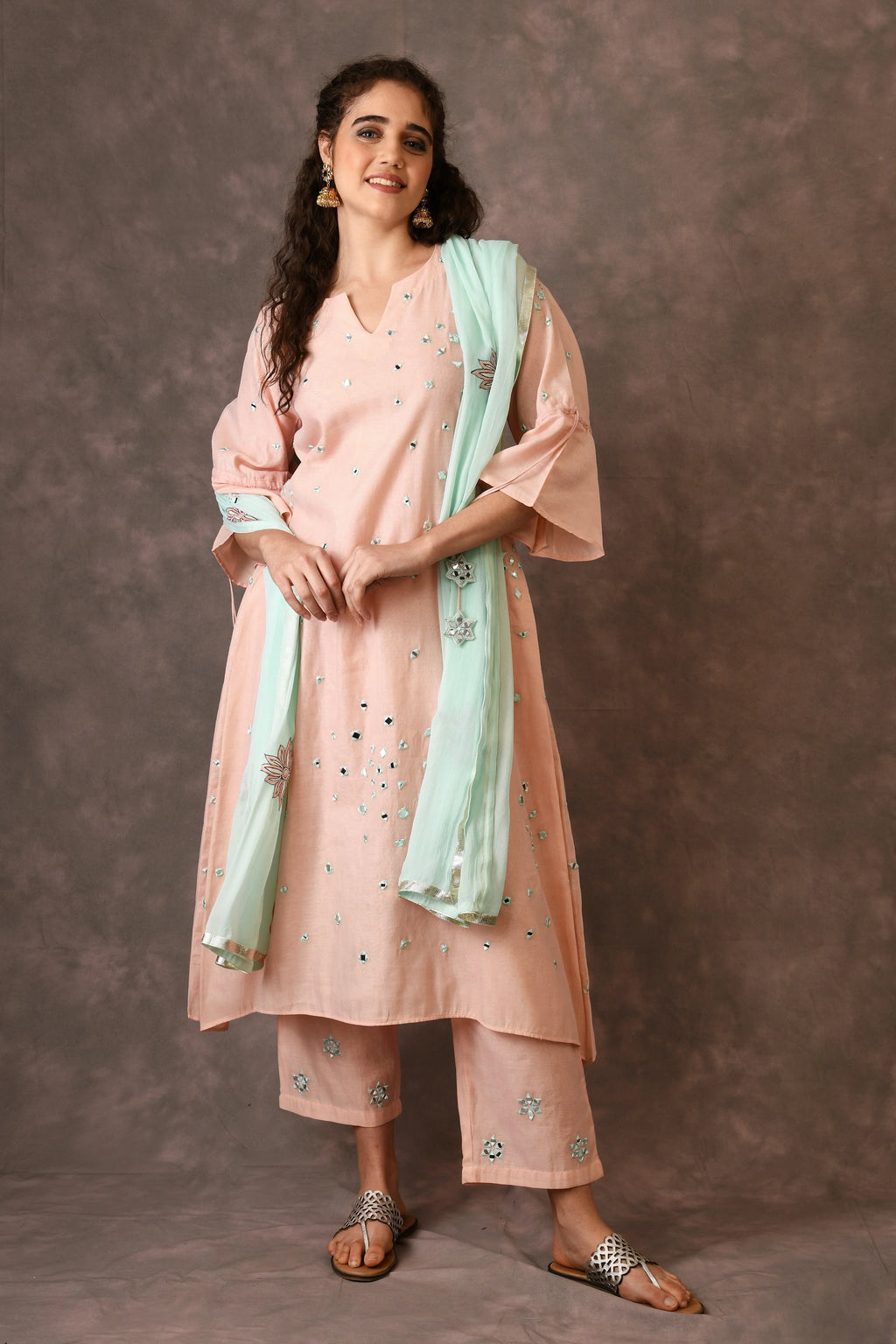 Rose Pink Scattered Mirror Embroidered Kurta Set