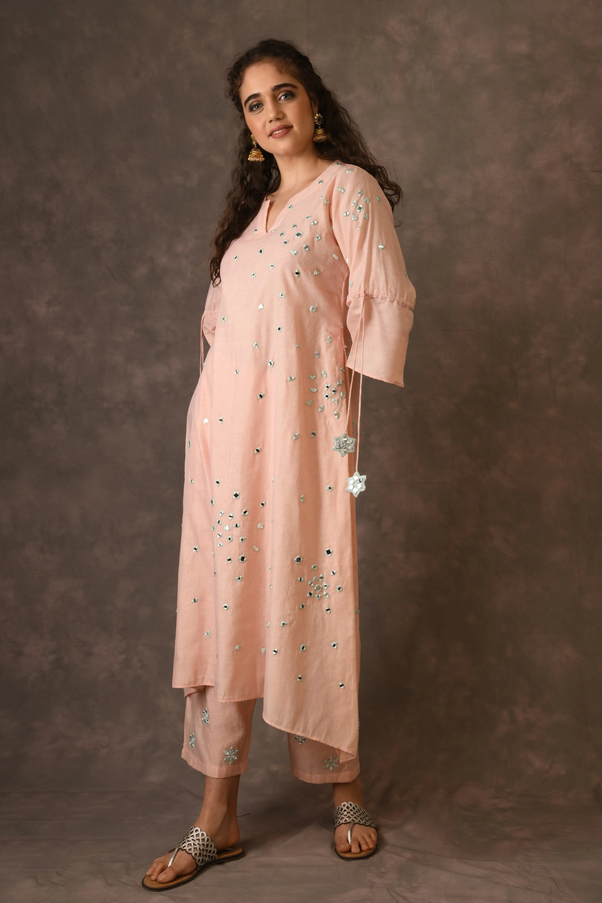 Rose Pink Scattered Mirror Embroidered Kurta Set