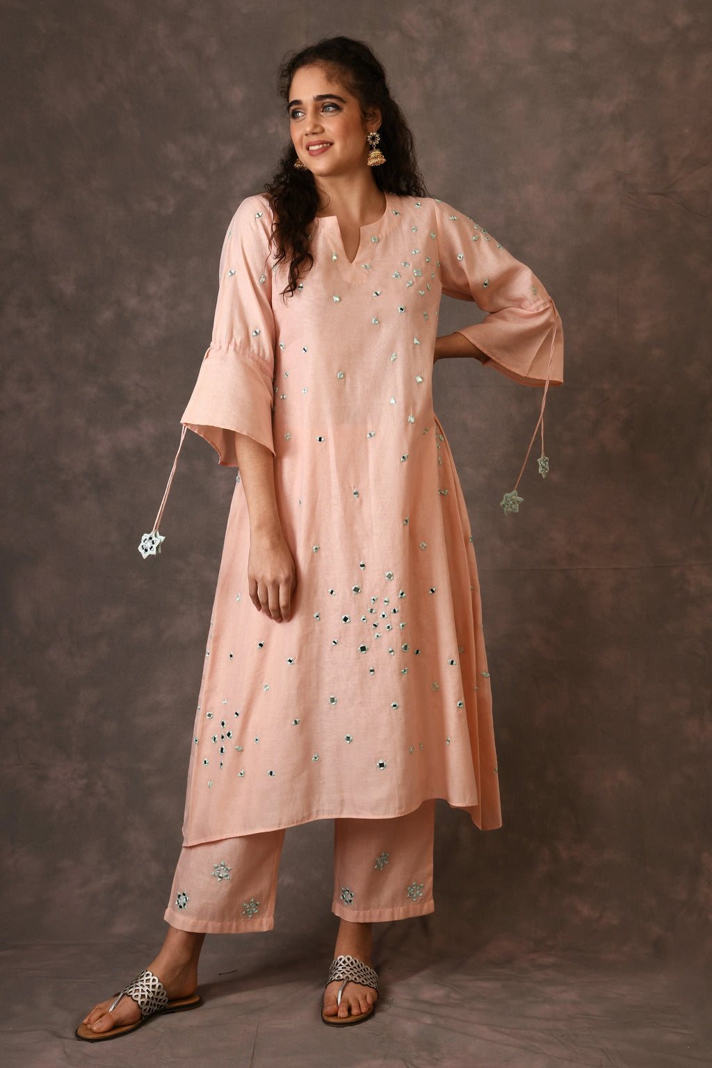 Rose Pink Scattered Mirror Embroidered Kurta Set