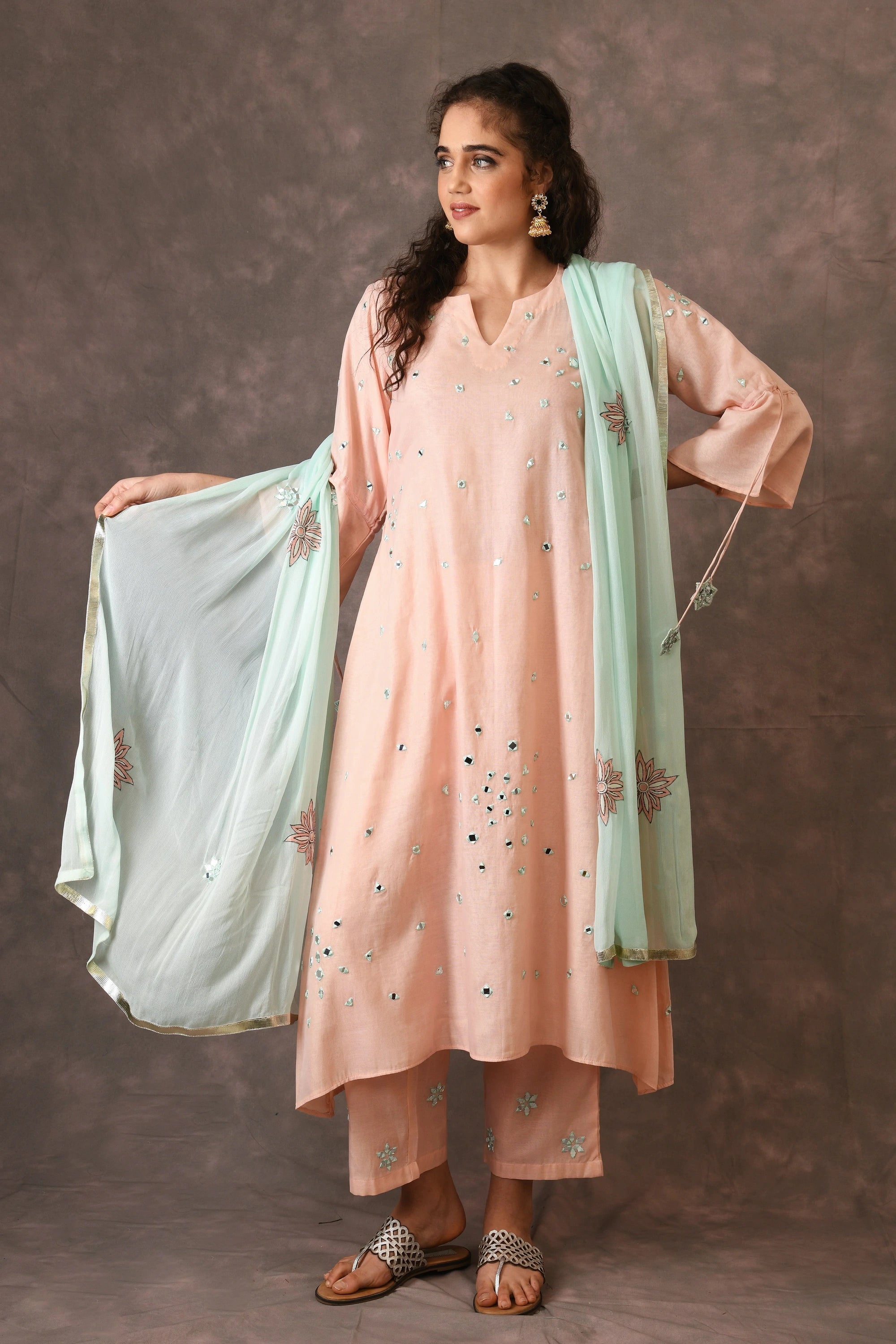Rose Pink Scattered Mirror Embroidered Kurta Set