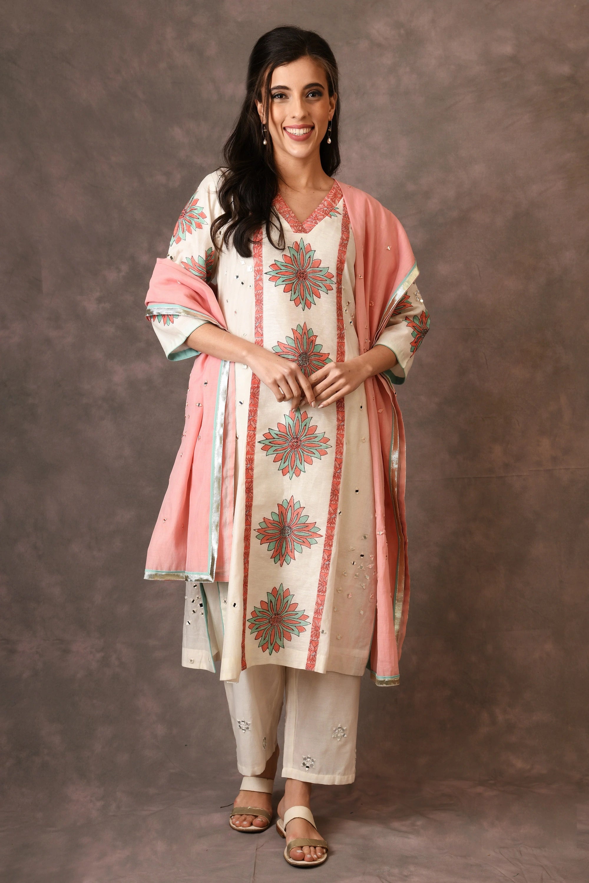 Ivory Temple Flower Applique Straight Kurta Set With Scattered Mirror Embroidery
