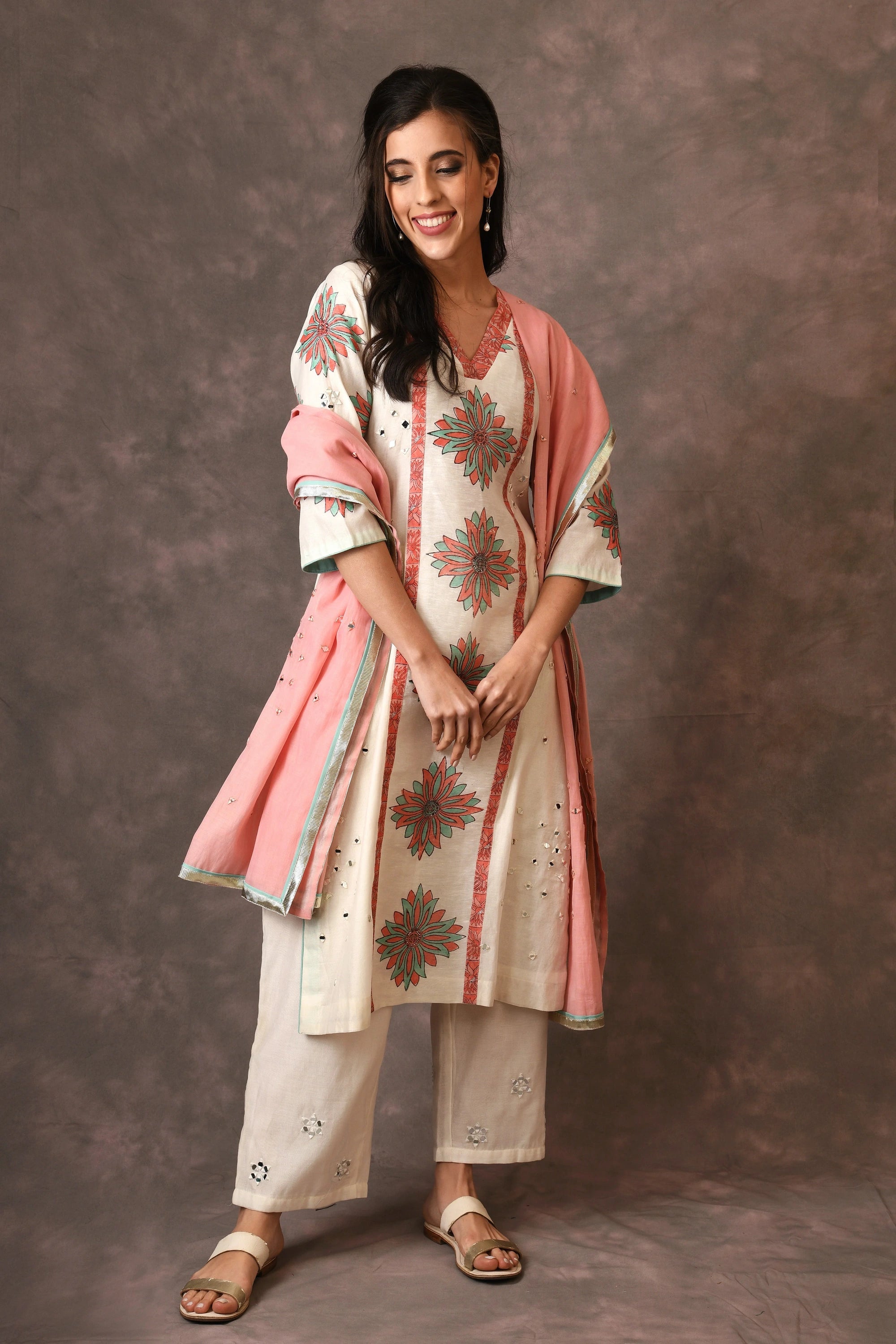 Ivory Temple Flower Applique Straight Kurta Set With Scattered Mirror Embroidery