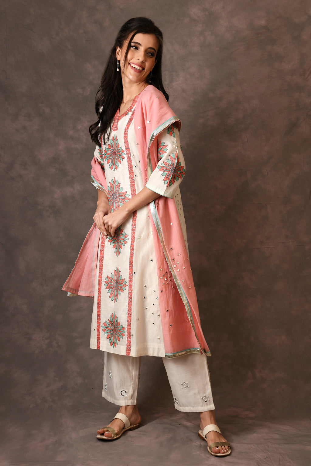 Ivory Temple Flower Applique Straight Kurta Set With Scattered Mirror Embroidery