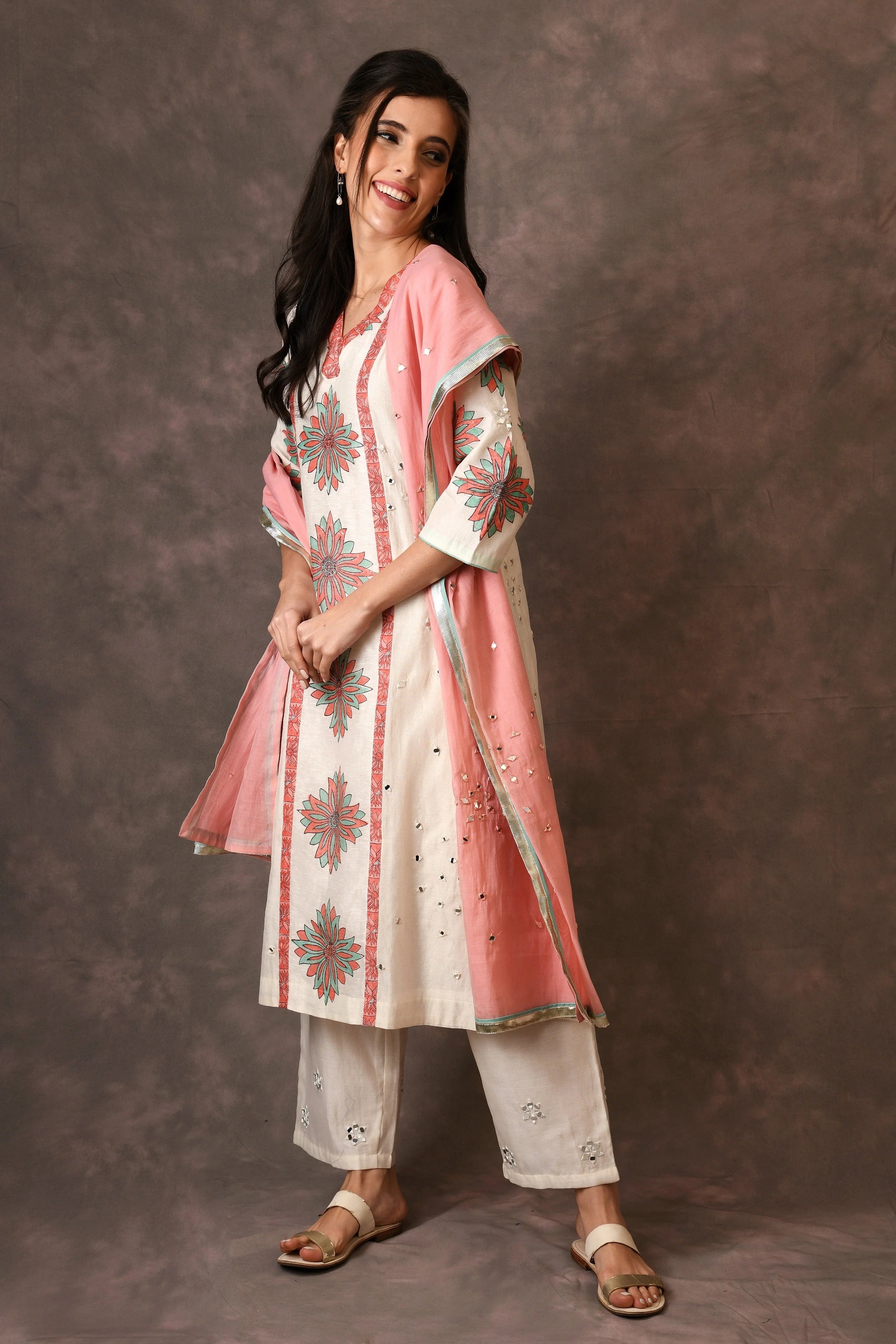Ivory Temple Flower Applique Straight Kurta Set With Scattered Mirror Embroidery