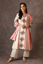 Ivory Temple Flower Applique Straight Kurta Set With Scattered Mirror Embroidery