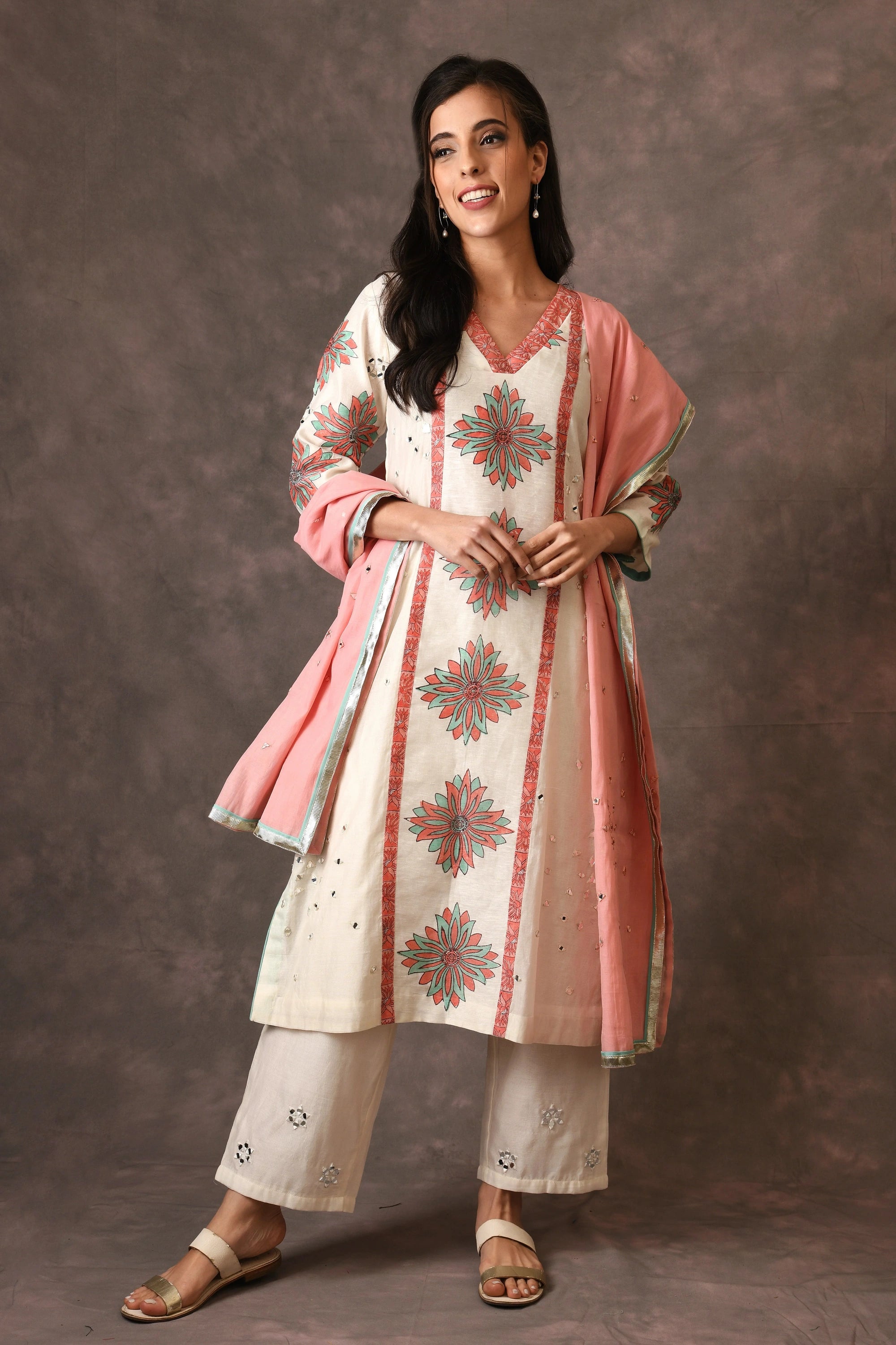 Ivory Temple Flower Applique Straight Kurta Set With Scattered Mirror Embroidery