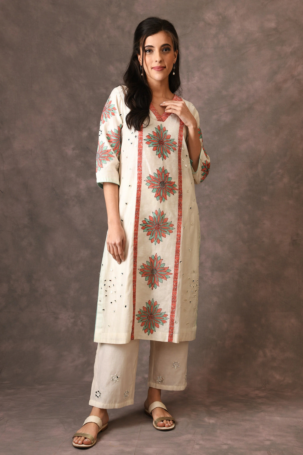 Ivory Temple Flower Applique Straight Kurta Set With Scattered Mirror Embroidery