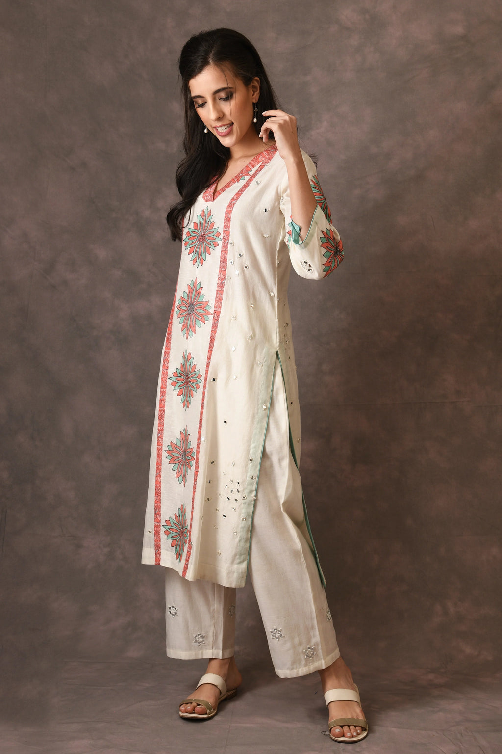 Ivory Temple Flower Applique Straight Kurta Set With Scattered Mirror Embroidery