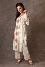 Ivory Temple Flower Applique Straight Kurta Set With Scattered Mirror Embroidery