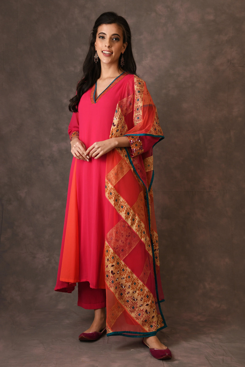 Hot Pink And Orange Godet Kurta Set With Mirror Embroidery And Handblock Printed Sunflower Motif