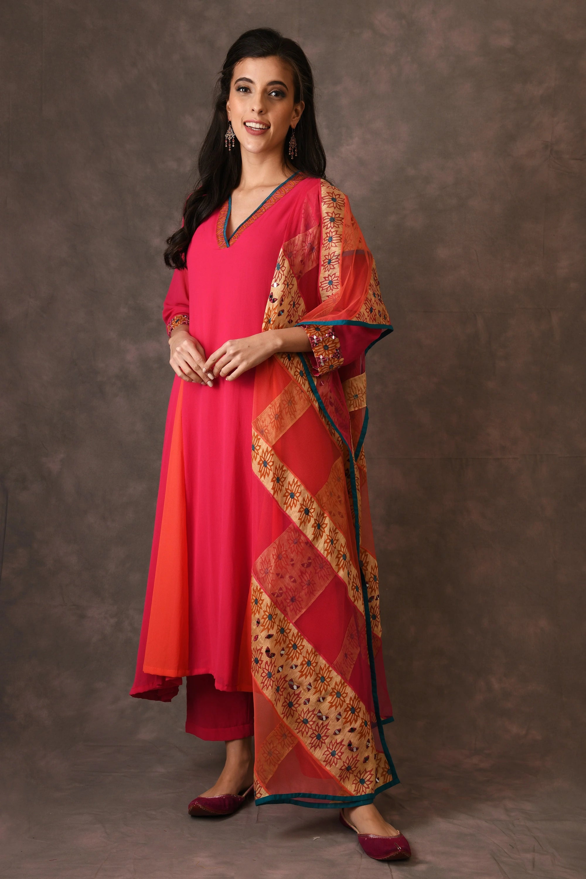 Hot Pink And Orange Godet Kurta Set With Mirror Embroidery And Handblock Printed Sunflower Motif