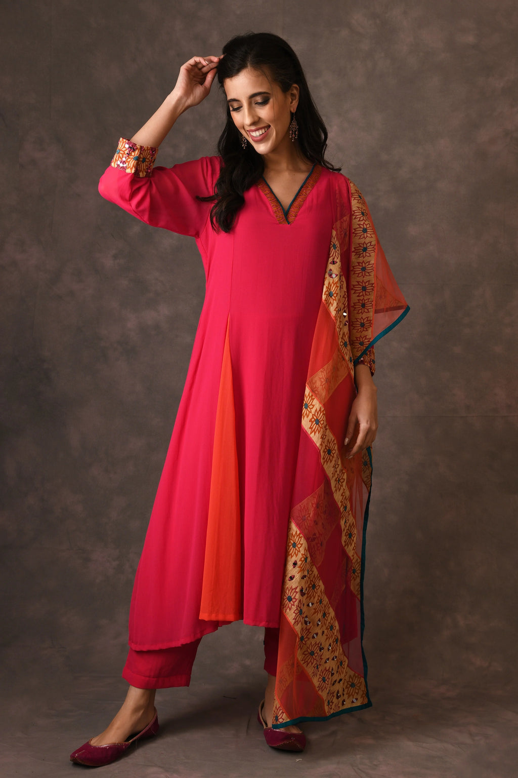 Hot Pink And Orange Godet Kurta Set With Mirror Embroidery And Handblock Printed Sunflower Motif