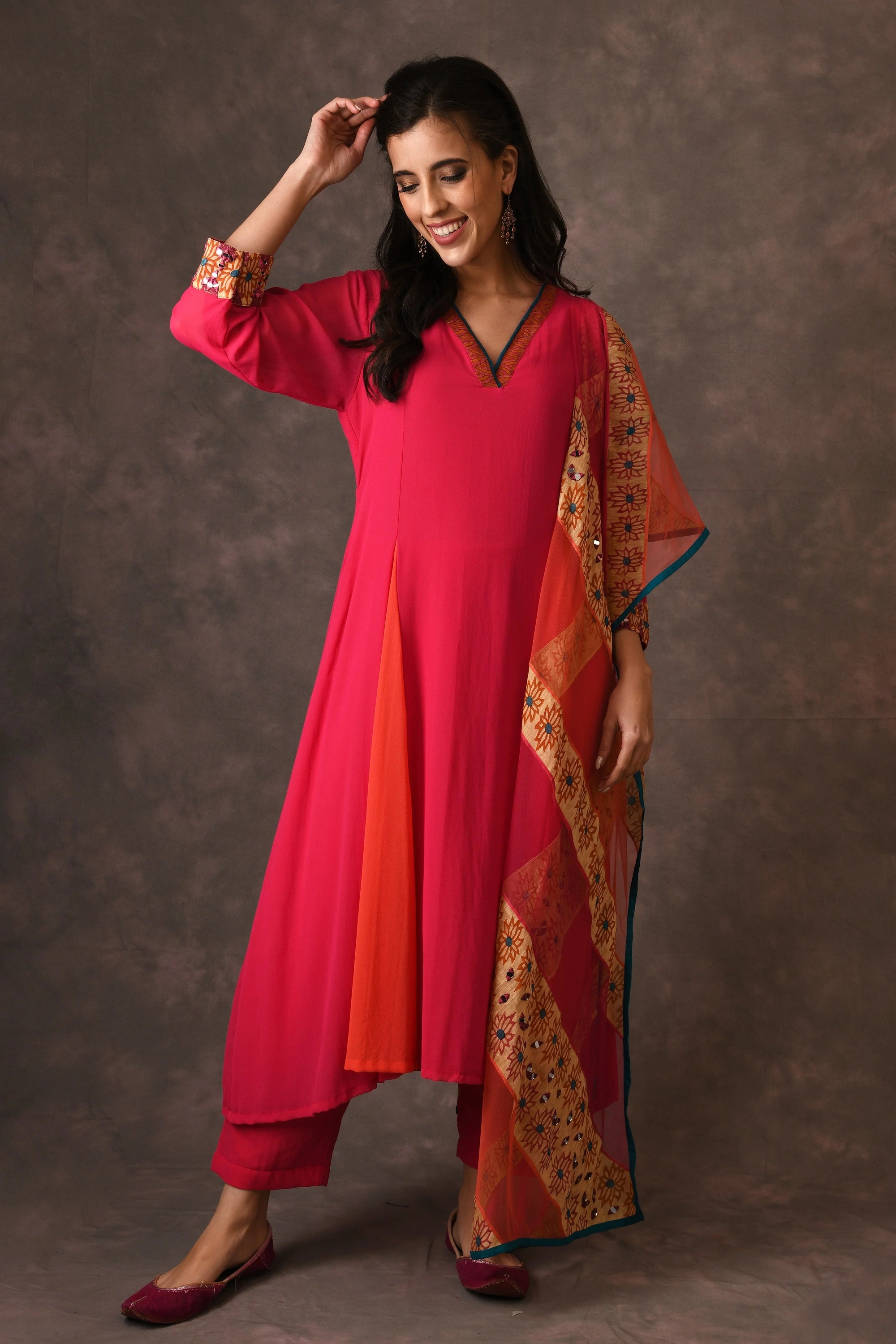 Hot Pink And Orange Godet Kurta Set With Mirror Embroidery And Handblock Printed Sunflower Motif