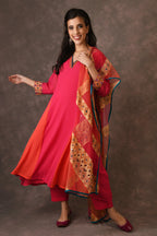 Hot Pink And Orange Godet Kurta Set With Mirror Embroidery And Handblock Printed Sunflower Motif