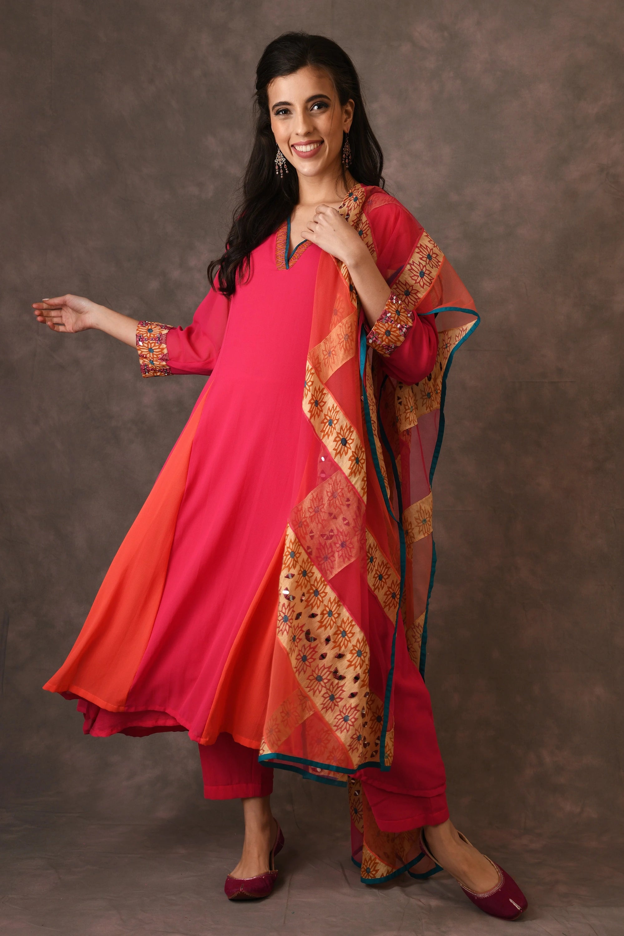 Hot Pink And Orange Godet Kurta Set With Mirror Embroidery And Handblock Printed Sunflower Motif