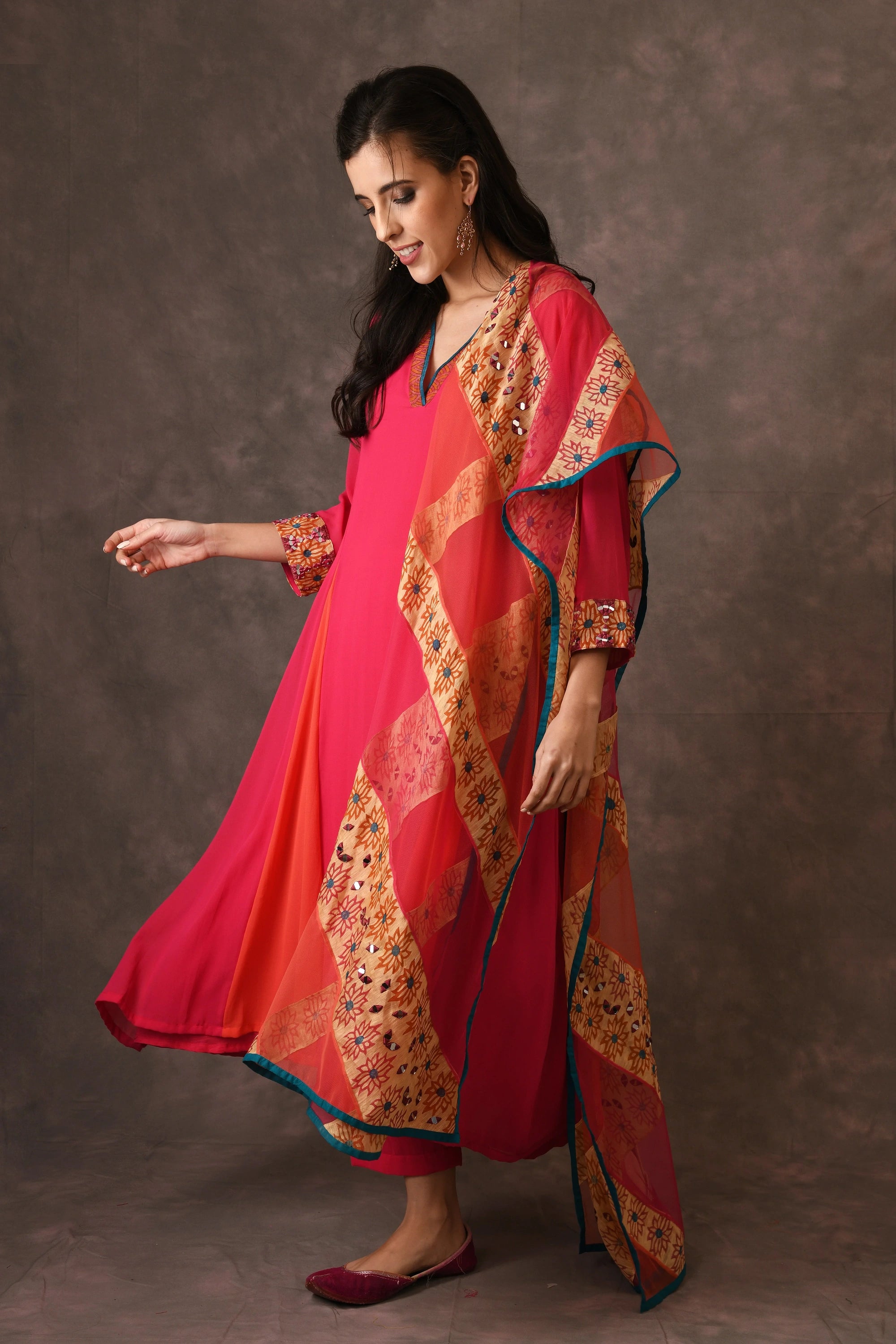 Hot Pink And Orange Godet Kurta Set With Mirror Embroidery And Handblock Printed Sunflower Motif
