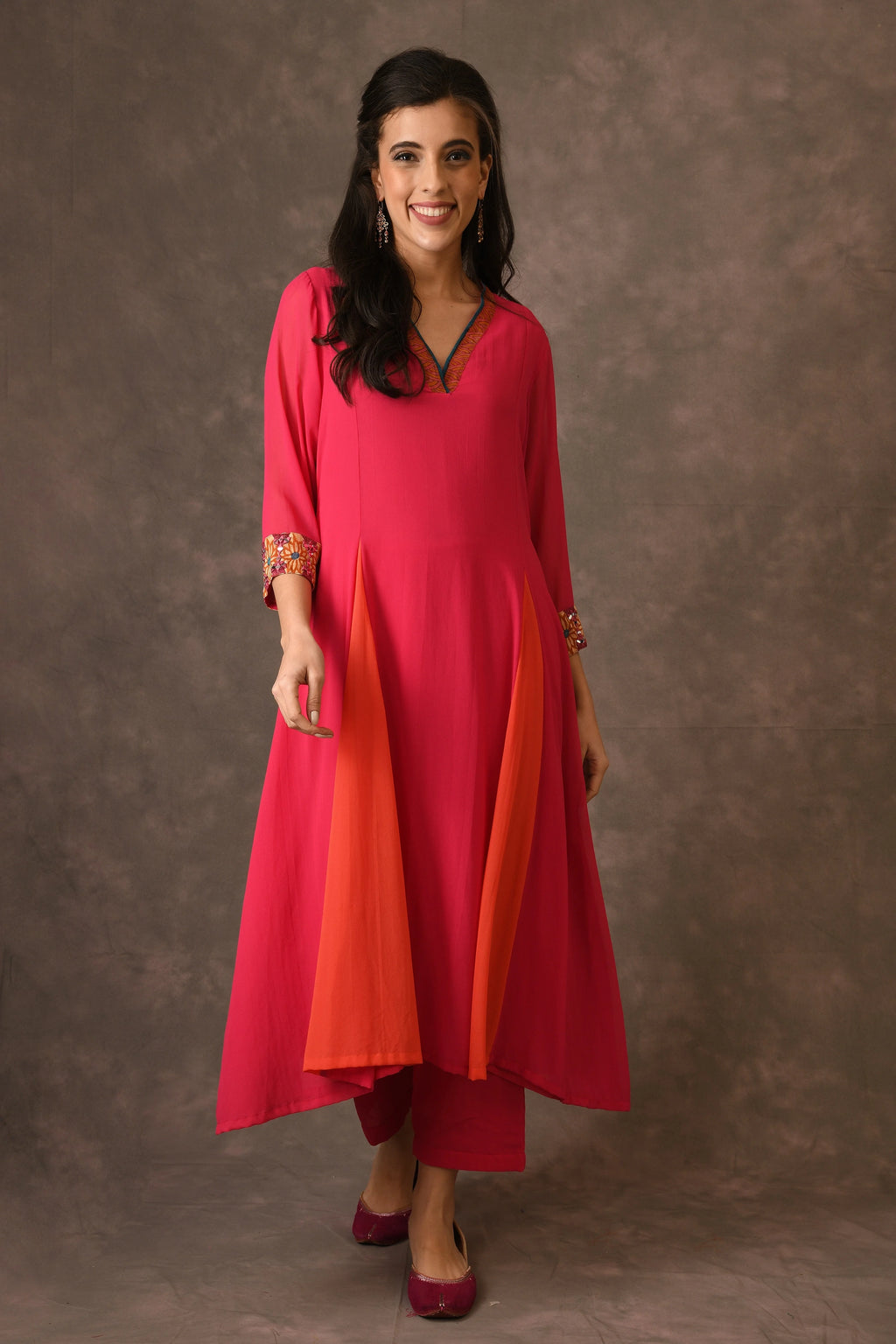 Hot Pink And Orange Godet Kurta Set With Mirror Embroidery And Handblock Printed Sunflower Motif