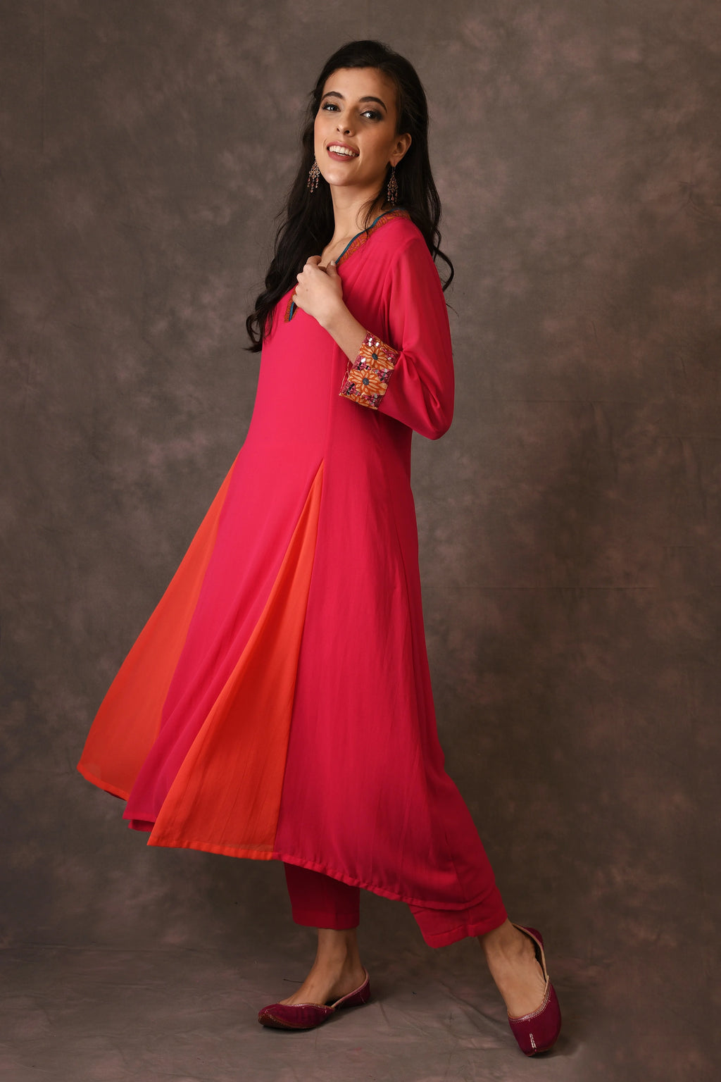 Hot Pink And Orange Godet Kurta Set With Mirror Embroidery And Handblock Printed Sunflower Motif