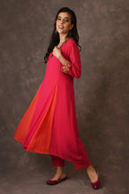Hot Pink And Orange Godet Kurta Set With Mirror Embroidery And Handblock Printed Sunflower Motif