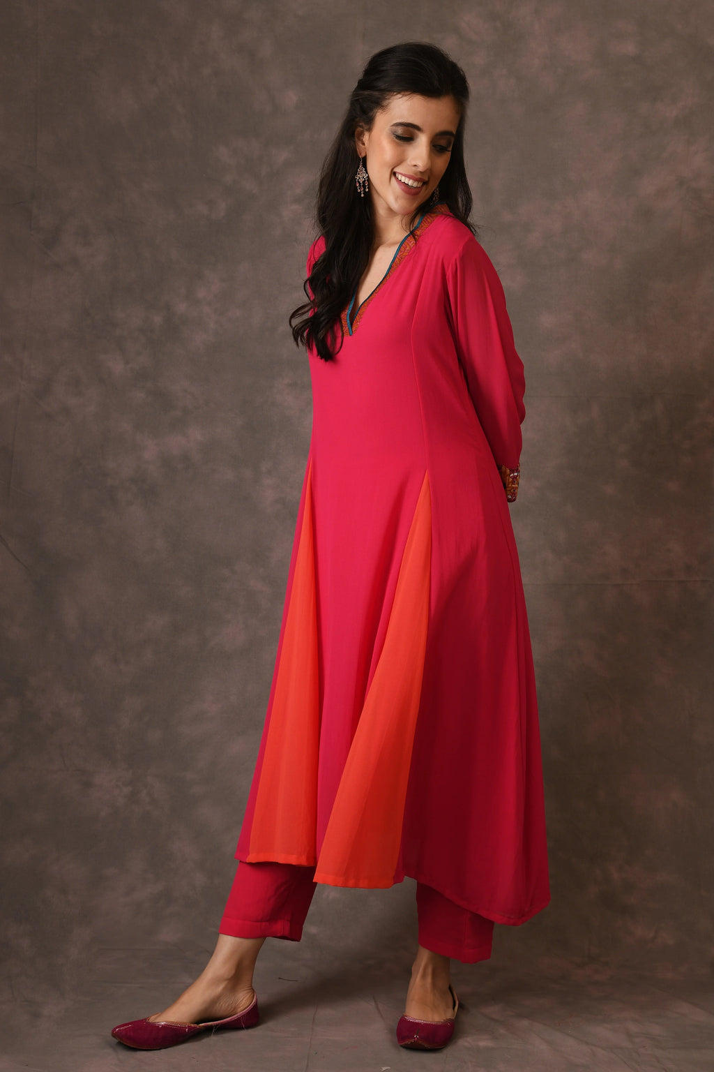 Hot Pink And Orange Godet Kurta Set With Mirror Embroidery And Handblock Printed Sunflower Motif