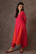 Hot Pink And Orange Godet Kurta Set With Mirror Embroidery And Handblock Printed Sunflower Motif