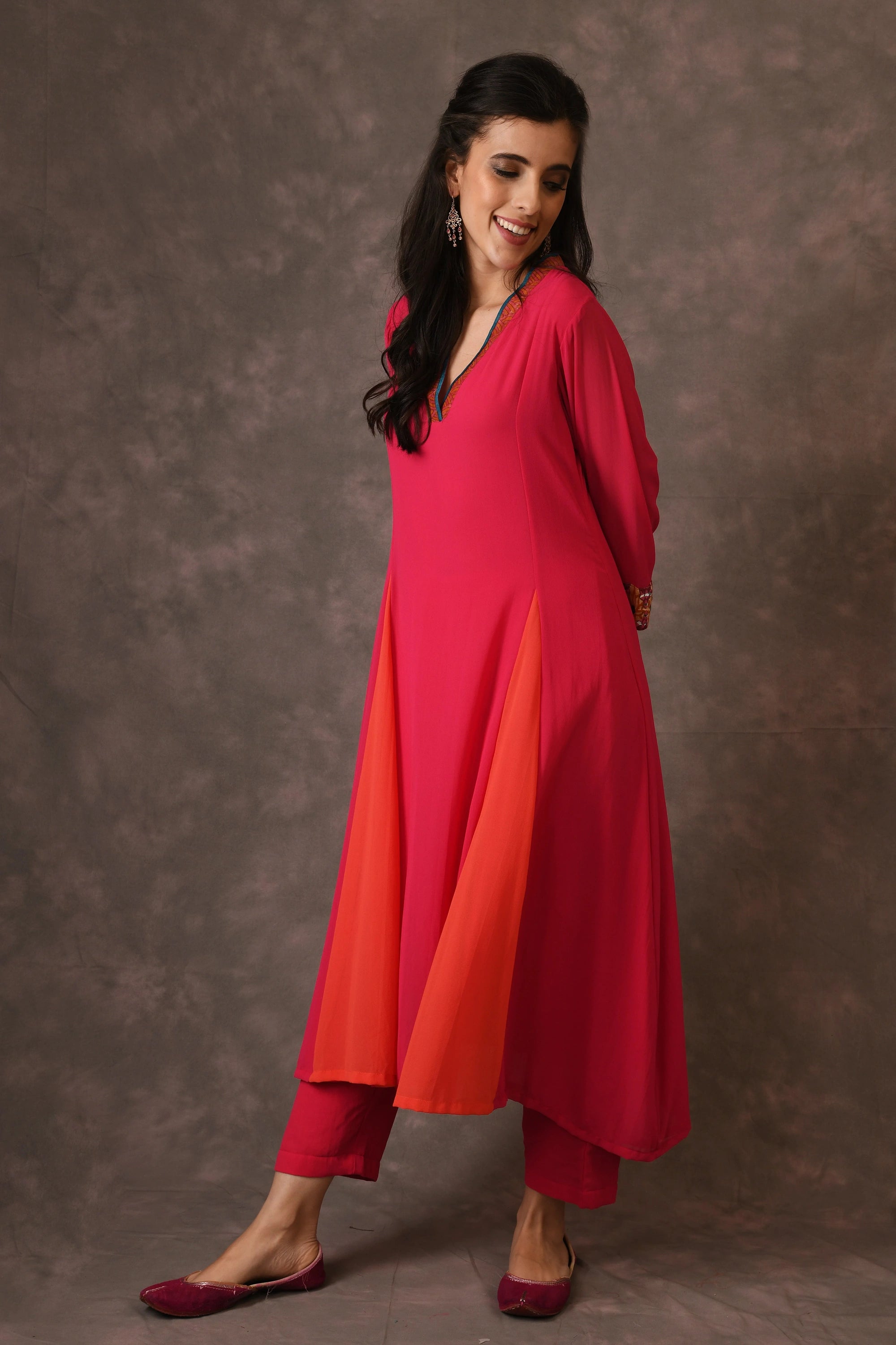 Hot Pink And Orange Godet Kurta Set With Mirror Embroidery And Handblock Printed Sunflower Motif
