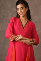 Hot Pink And Orange Godet Kurta Set With Mirror Embroidery And Handblock Printed Sunflower Motif
