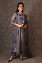 Grey And Purple Paneled Dress Kurta Set With Mirror Embroiery And Handblock Printed Sunflower Motif