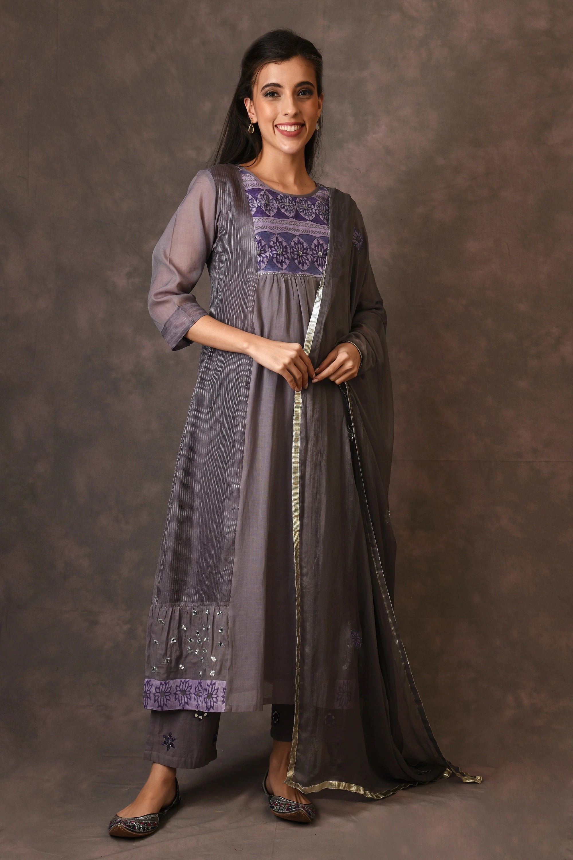 Grey And Purple Paneled Dress Kurta Set With Mirror Embroiery And Handblock Printed Sunflower Motif