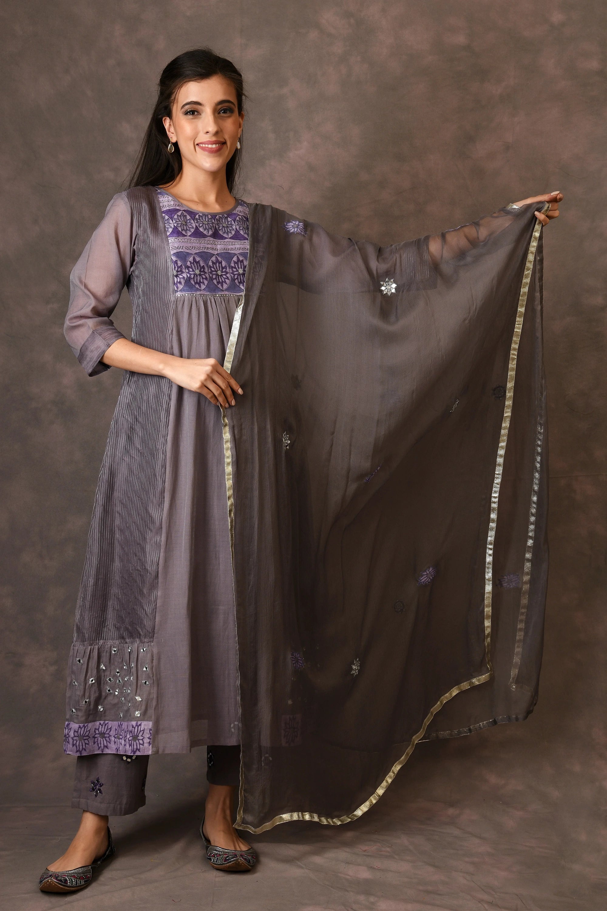 Grey And Purple Paneled Dress Kurta Set With Mirror Embroiery And Handblock Printed Sunflower Motif
