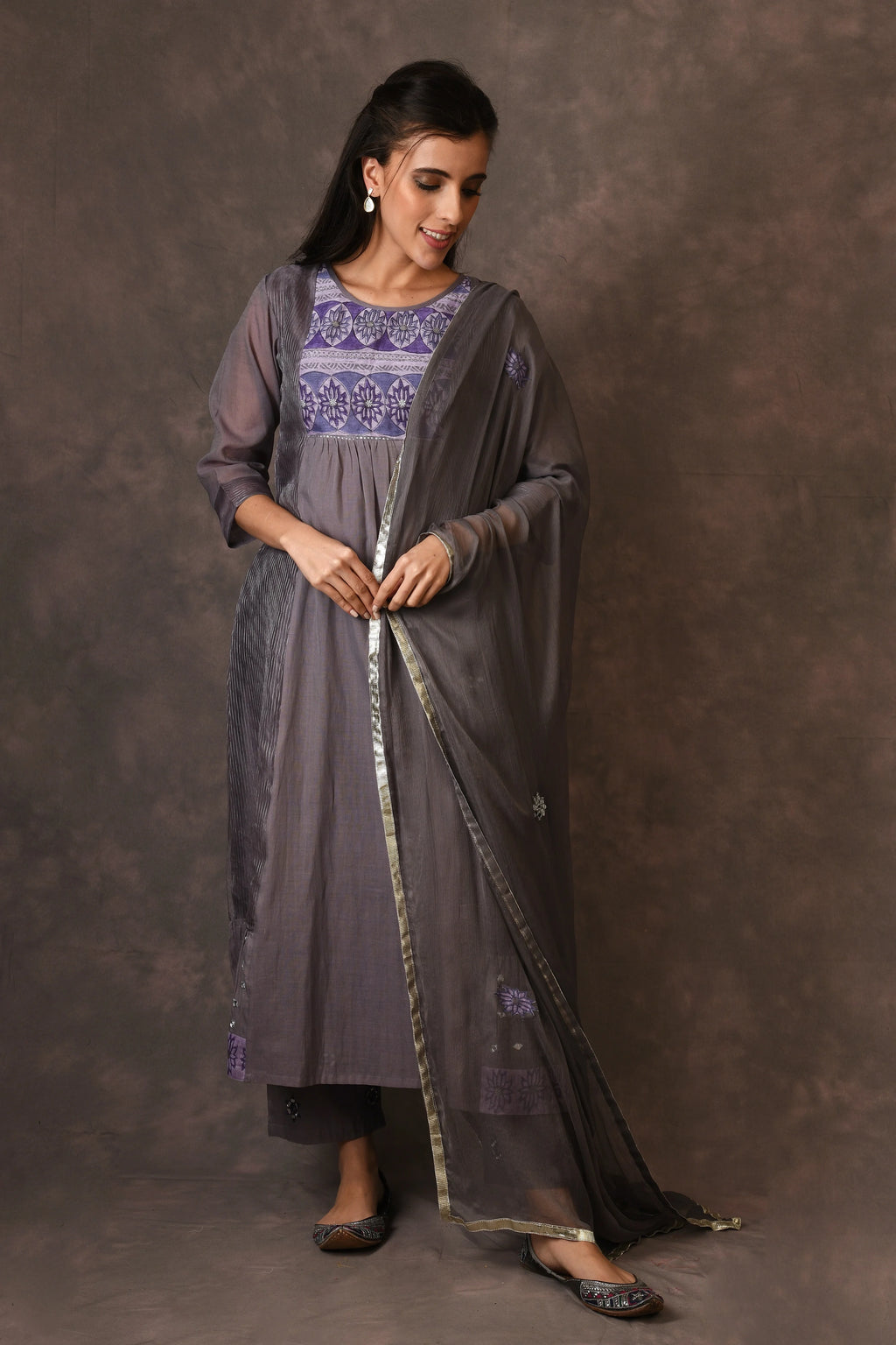 Grey And Purple Paneled Dress Kurta Set With Mirror Embroiery And Handblock Printed Sunflower Motif