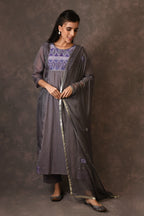 Grey And Purple Paneled Dress Kurta Set With Mirror Embroiery And Handblock Printed Sunflower Motif